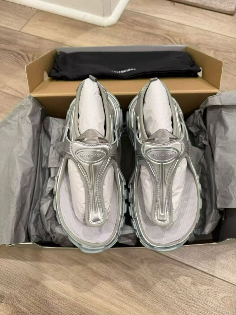 NIB Authentic Balenciaga Track Metallic Silver Thong Sandals